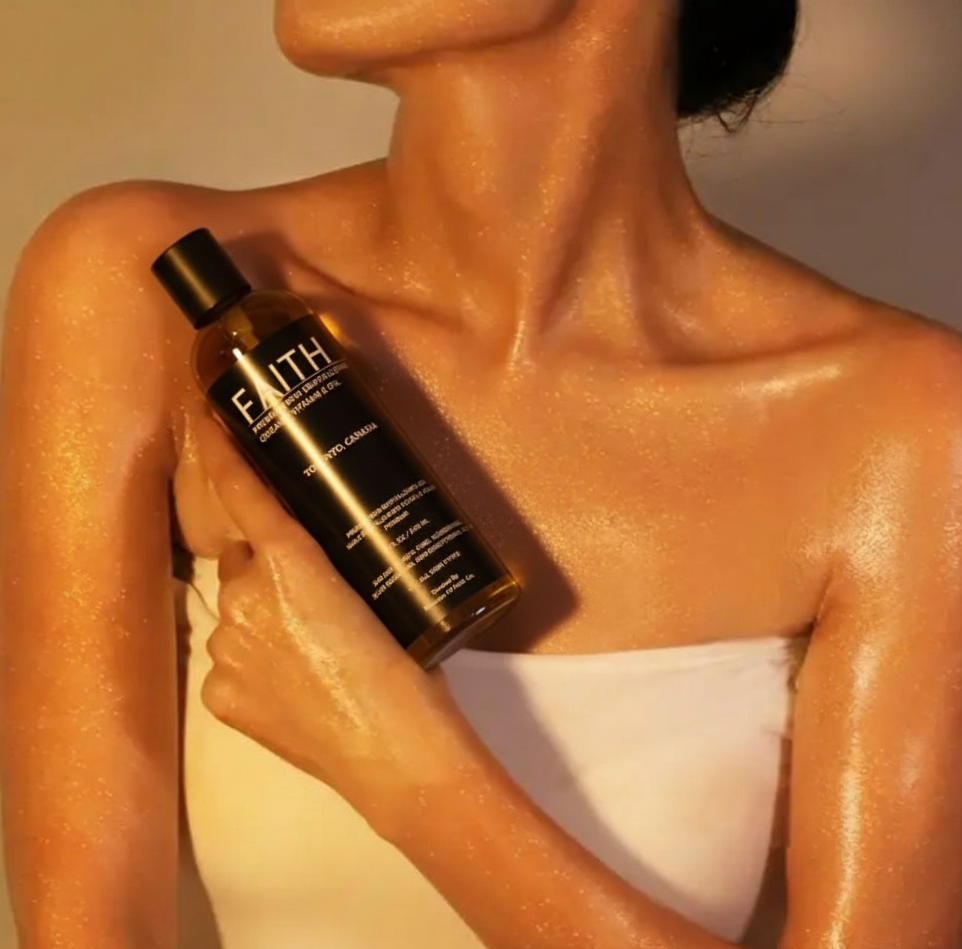 Person holding a bottle of 'FAITH' product with a sunlit background